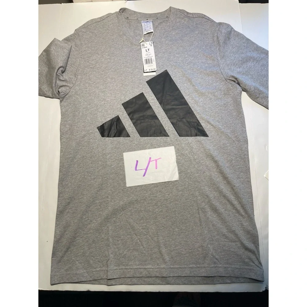 adidas Mens Crew Neck 3 Stripes Logo Big & Tall Graphic T-Shirt Size LT Gray